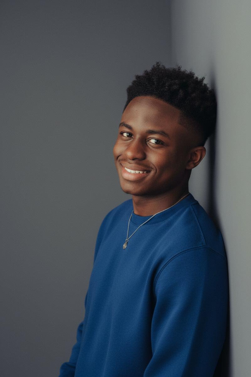 AI lifestyle portrait — young man in blue sweatshirt, casual