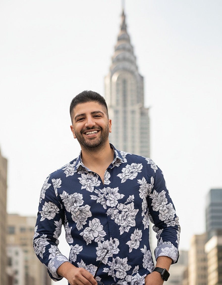 AI lifestyle portrait — man smiling outdoors, city backdrop