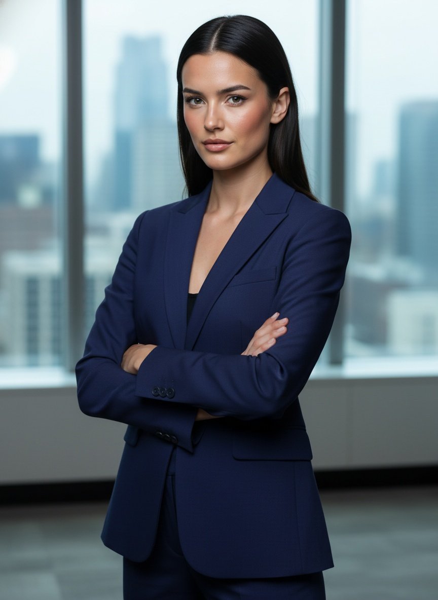 AI LinkedIn headshot — woman in navy suit, skyline