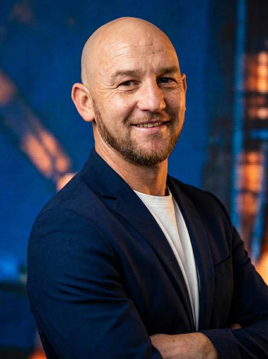 AI headshot — smiling bald man in navy blazer, city backdrop