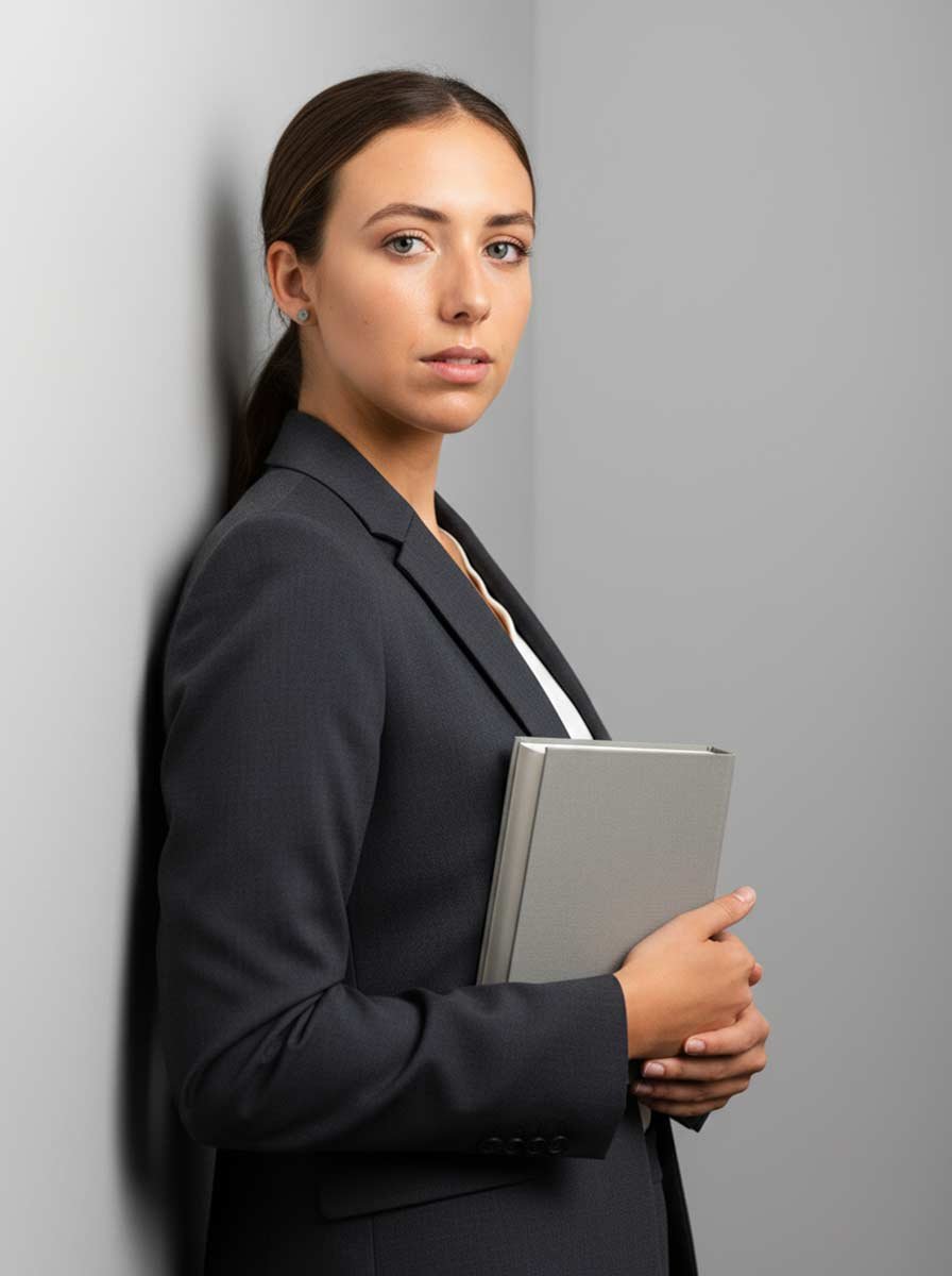 AI headshot — woman in dark suit holding folder, grey backdrop