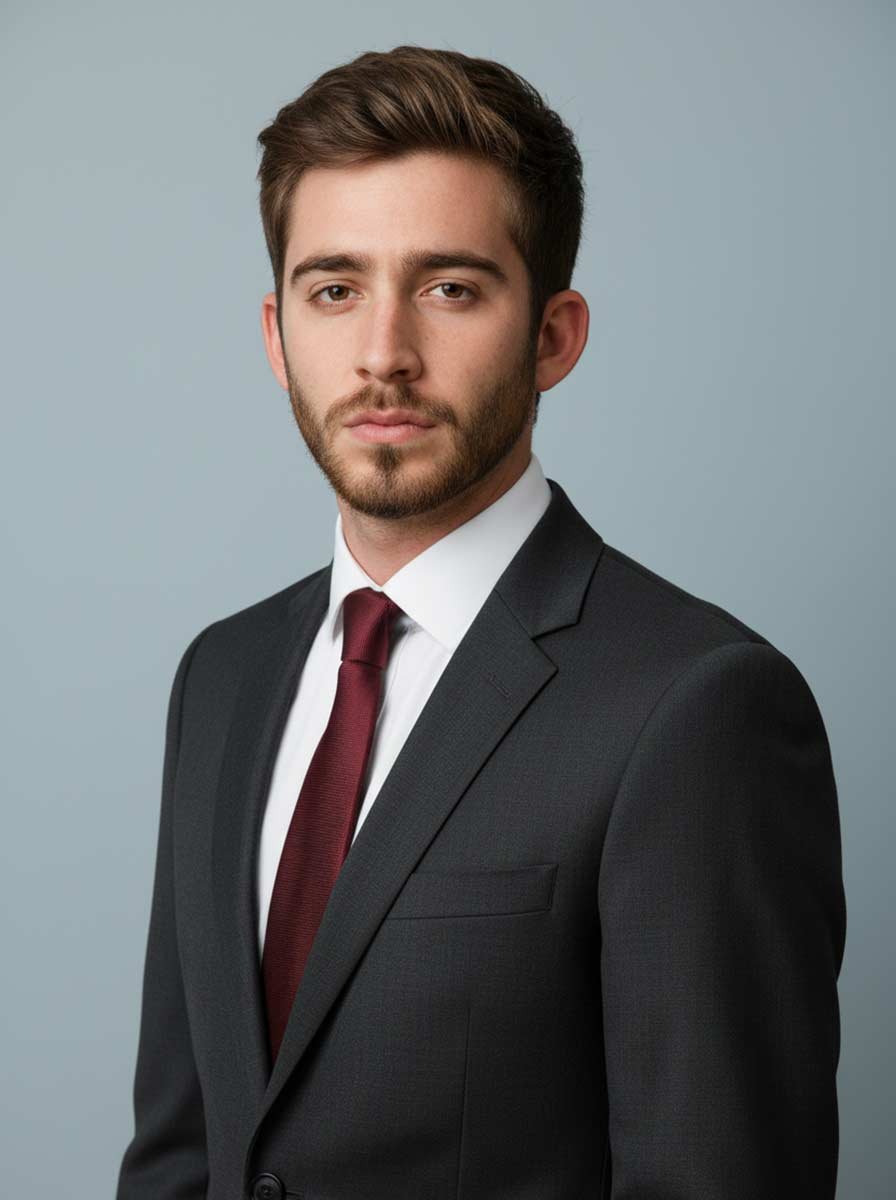 AI headshot — young man in charcoal suit, burgundy tie