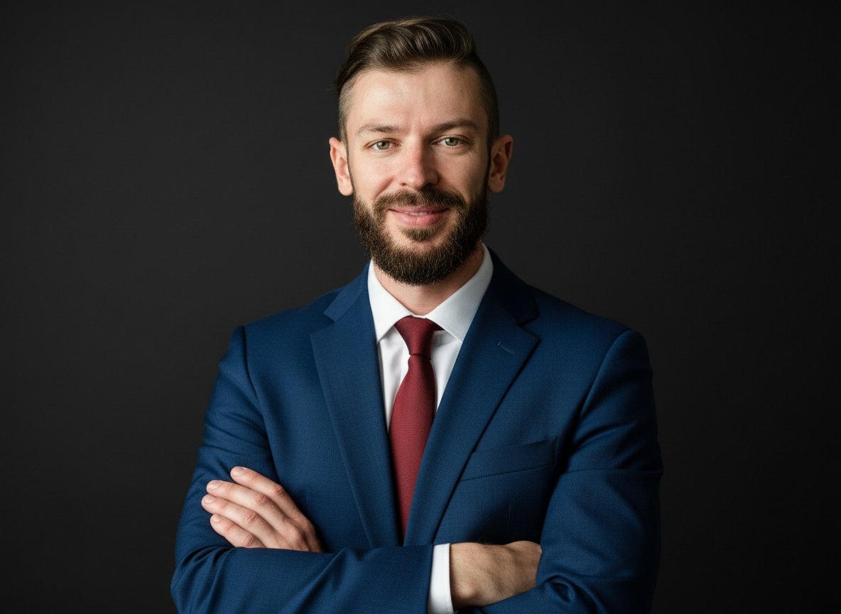 Corporate headshot — man in blue suit, red tie