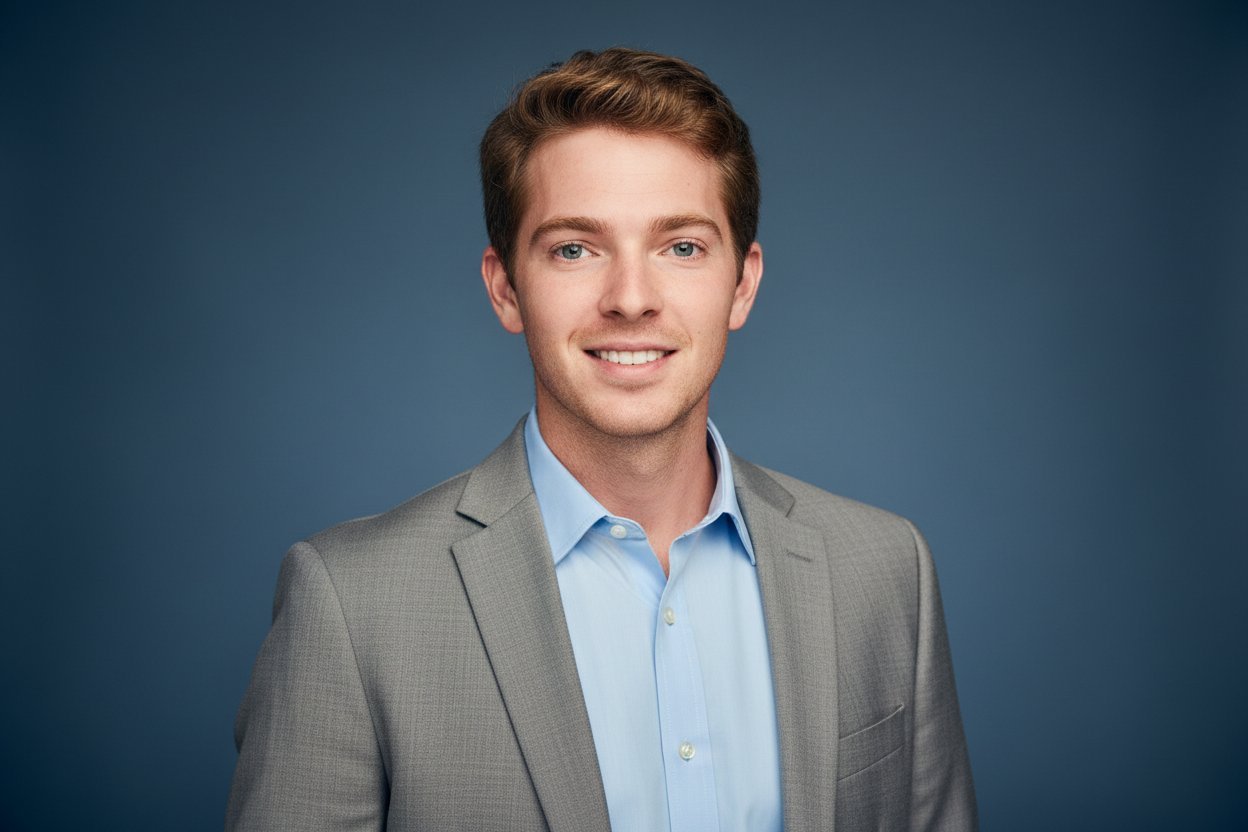 AI LinkedIn headshot — young man smiling, grey suit