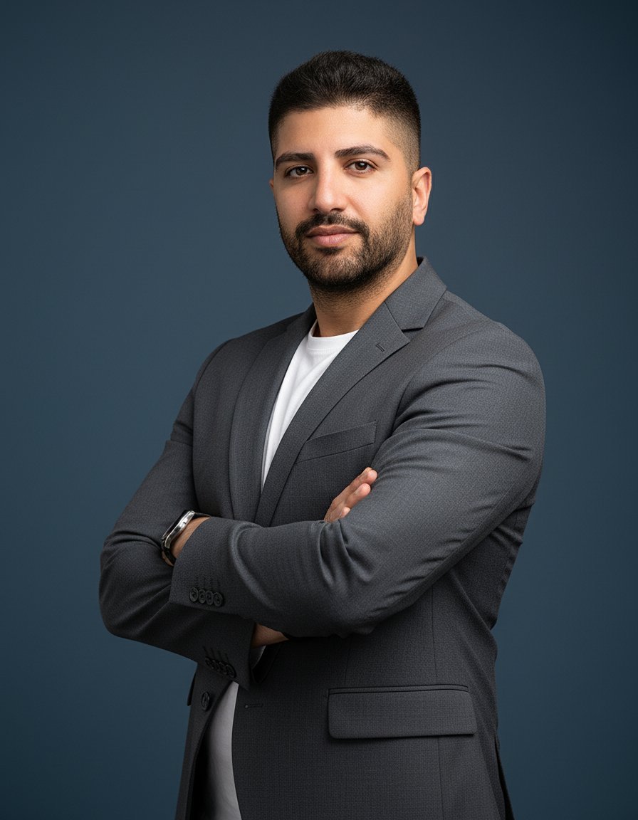 AI corporate headshot — man in grey blazer, blue background