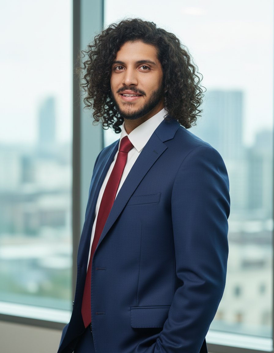 AI headshot — man in navy suit, city backdrop